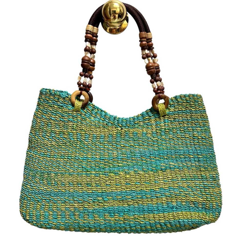 EMMA ROSE Woven Raffia Straw Green Shoulder Strap Bag Tote Beach Resort Artsy - Picture 6 of 16